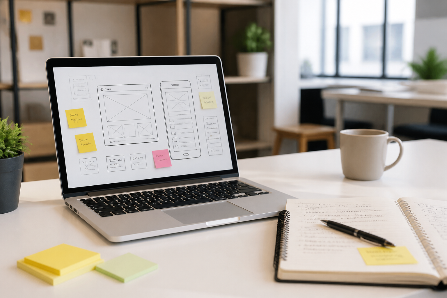 Bureau avec maquettes et notes pour valider une idée de SaaS