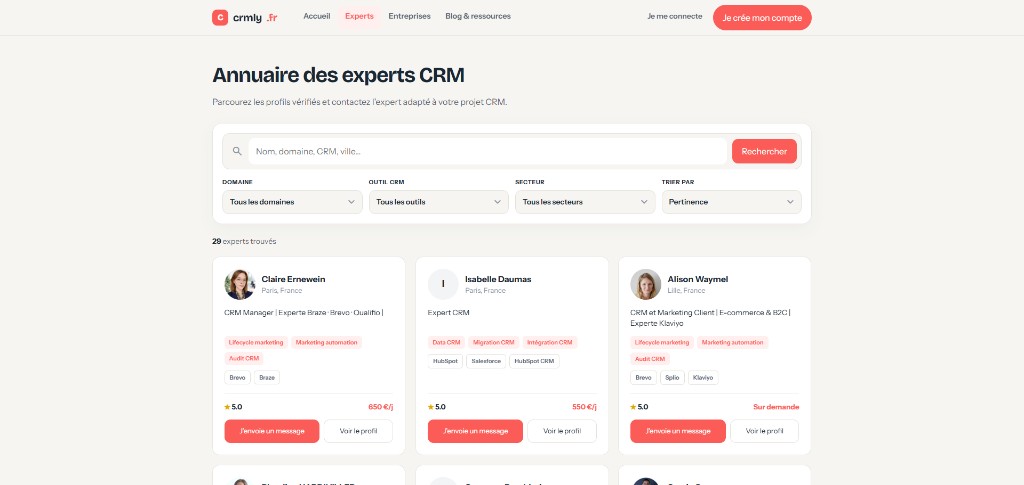 Comparatif CRM crmly — filtres, profils d'experts et mise en relation
